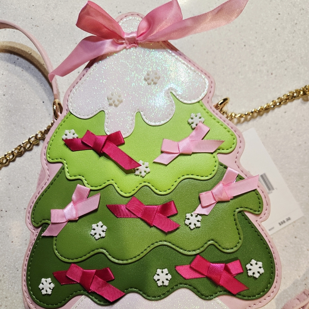 Womens Betsey Johnson Kitsch Christmas Tree Crossbody Pink Green Cute Trending